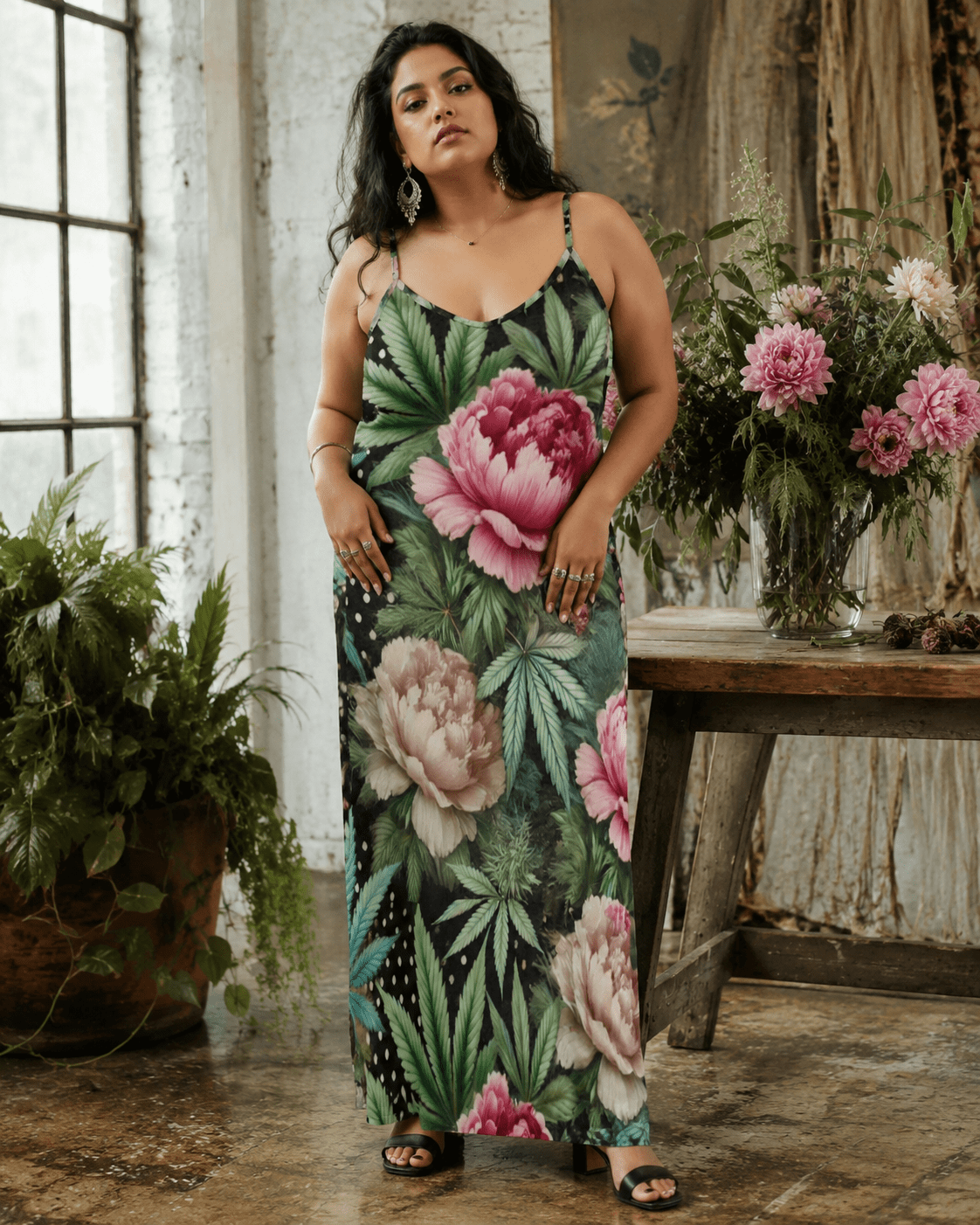 Floral print long spaghetti strap dress, full length view on model outdoors
