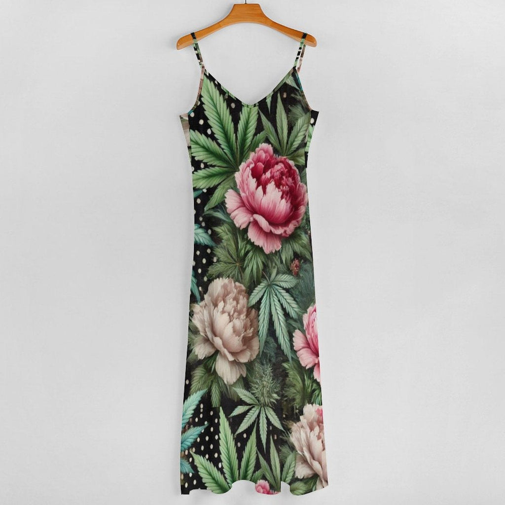 Floral print long spaghetti strap dress, back flat lay
