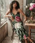 Floral print long spaghetti strap dress, three-quarter view on model
