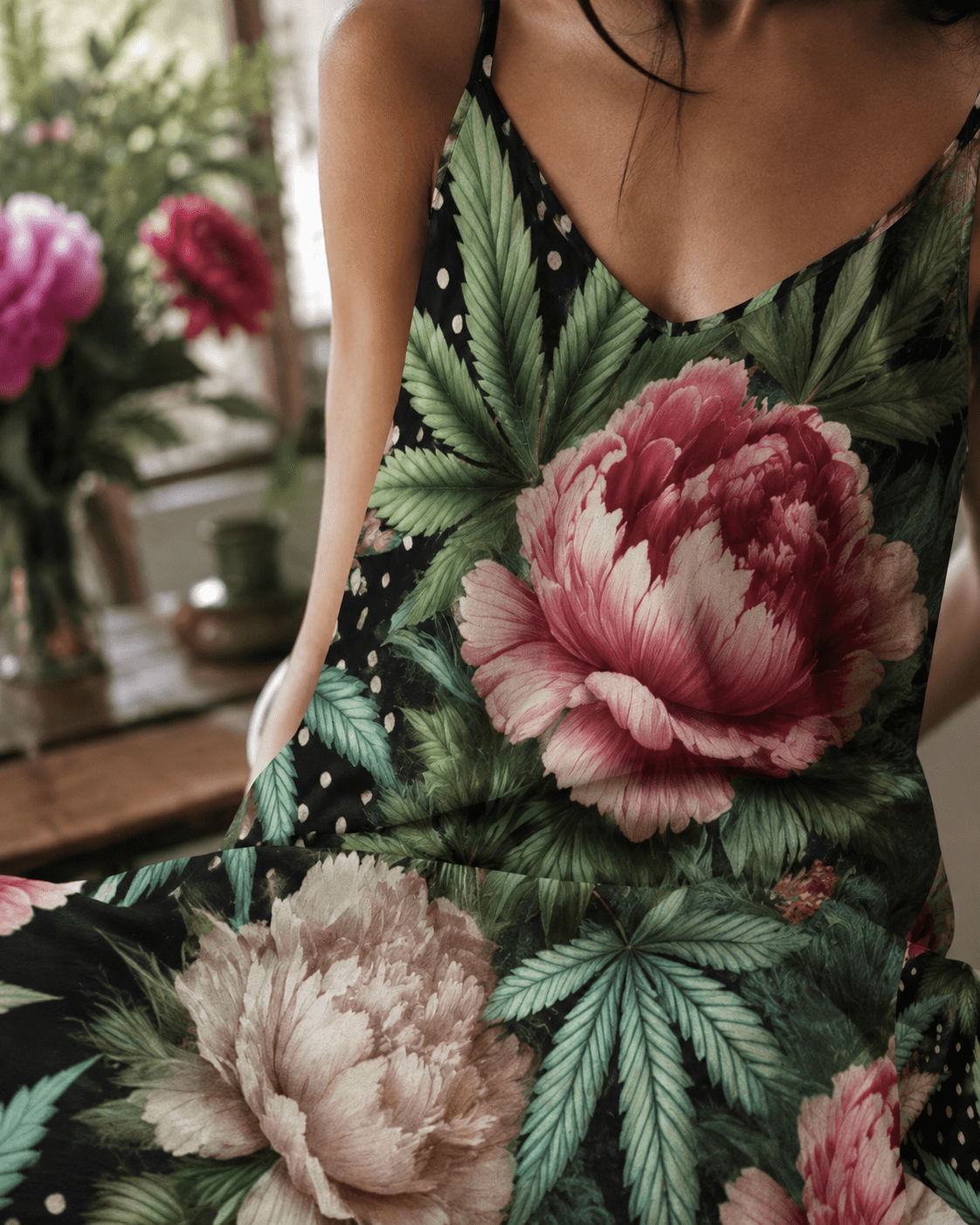Floral print long spaghetti strap dress, seated lifestyle shot on model