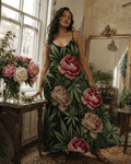 Floral print long spaghetti strap dress, lifestyle editorial shot on model