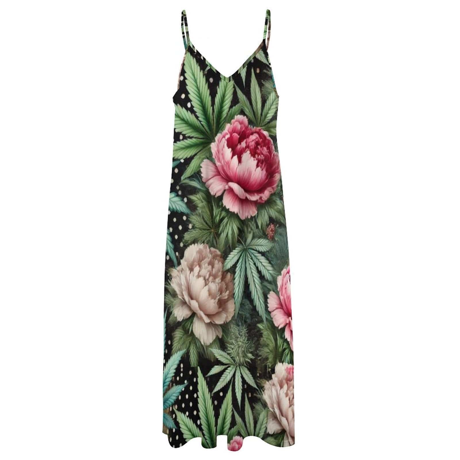 Floral print long spaghetti strap dress, hem and print detail close-up