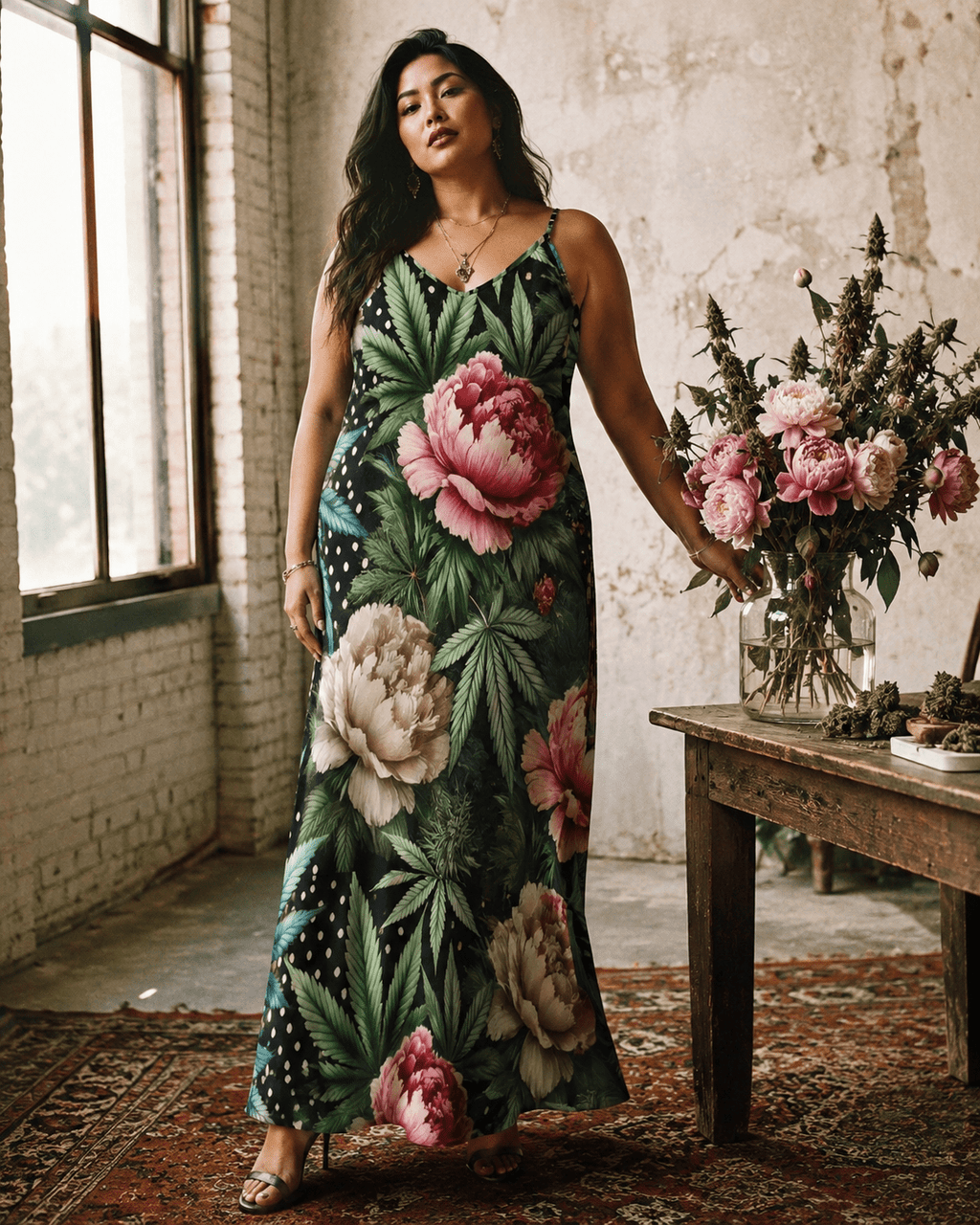 Floral print long spaghetti strap dress, close-up showing fabric and print detail