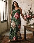 Floral print long spaghetti strap dress, close-up showing fabric and print detail