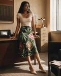 Peony and pot floral print midi skirt, side view on model