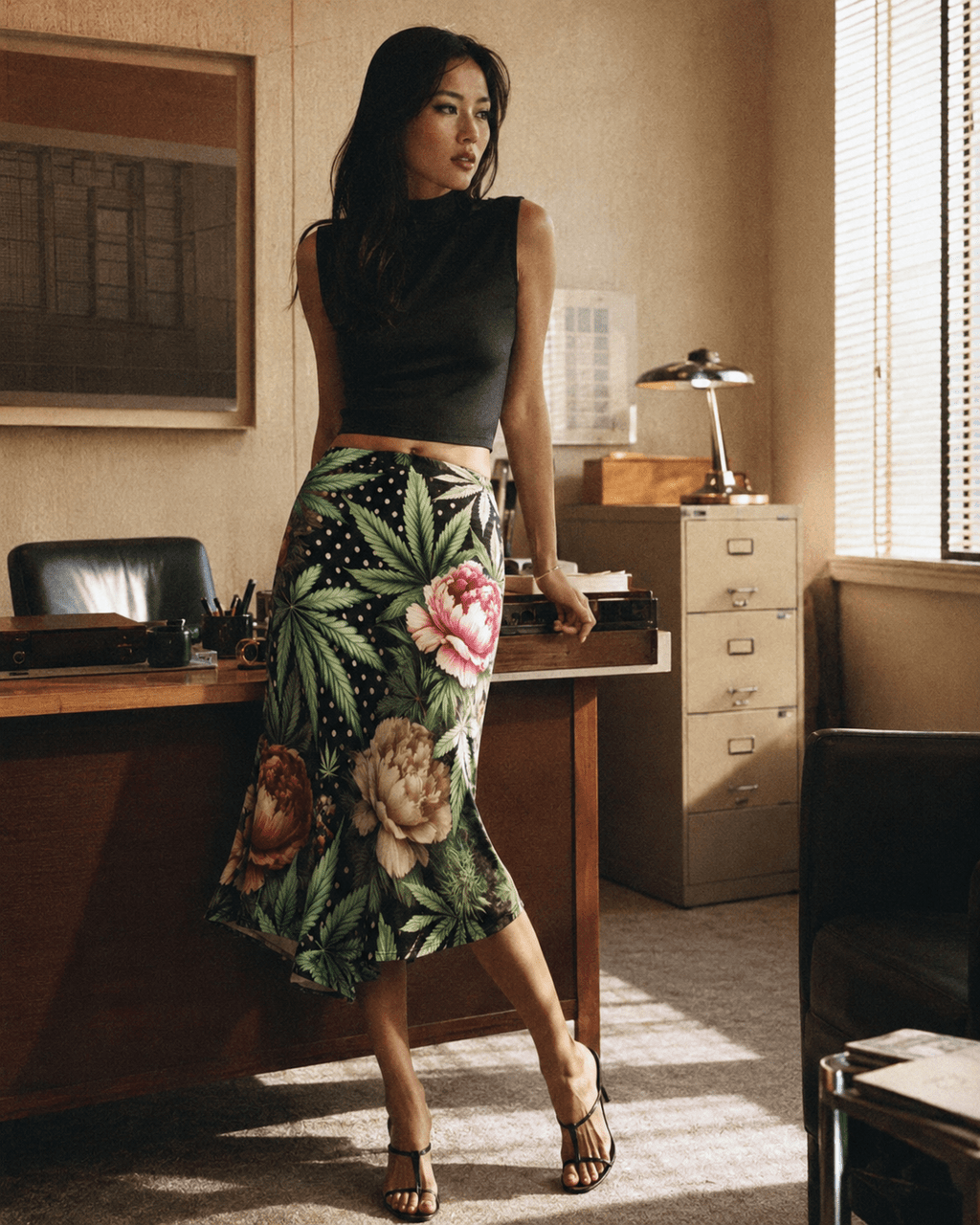 Peony and pot floral print midi skirt, three-quarter view on model
