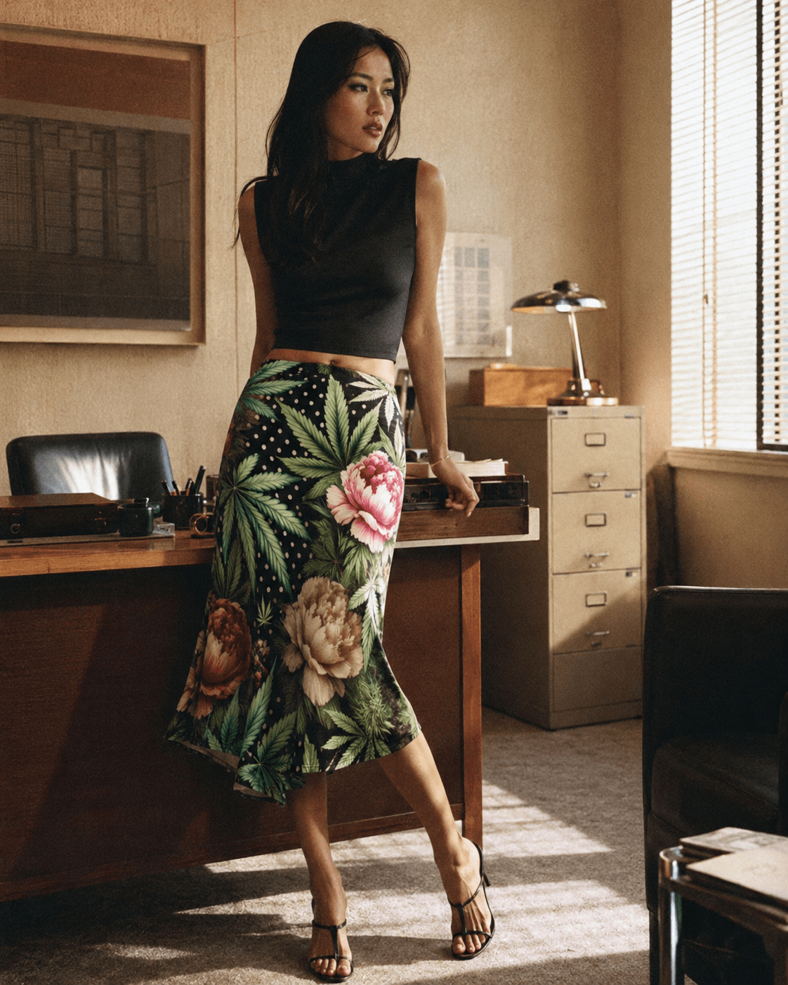 Peony and pot floral print midi skirt, three-quarter view on model