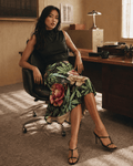 Peony and pot floral print midi skirt, lifestyle editorial shot on model