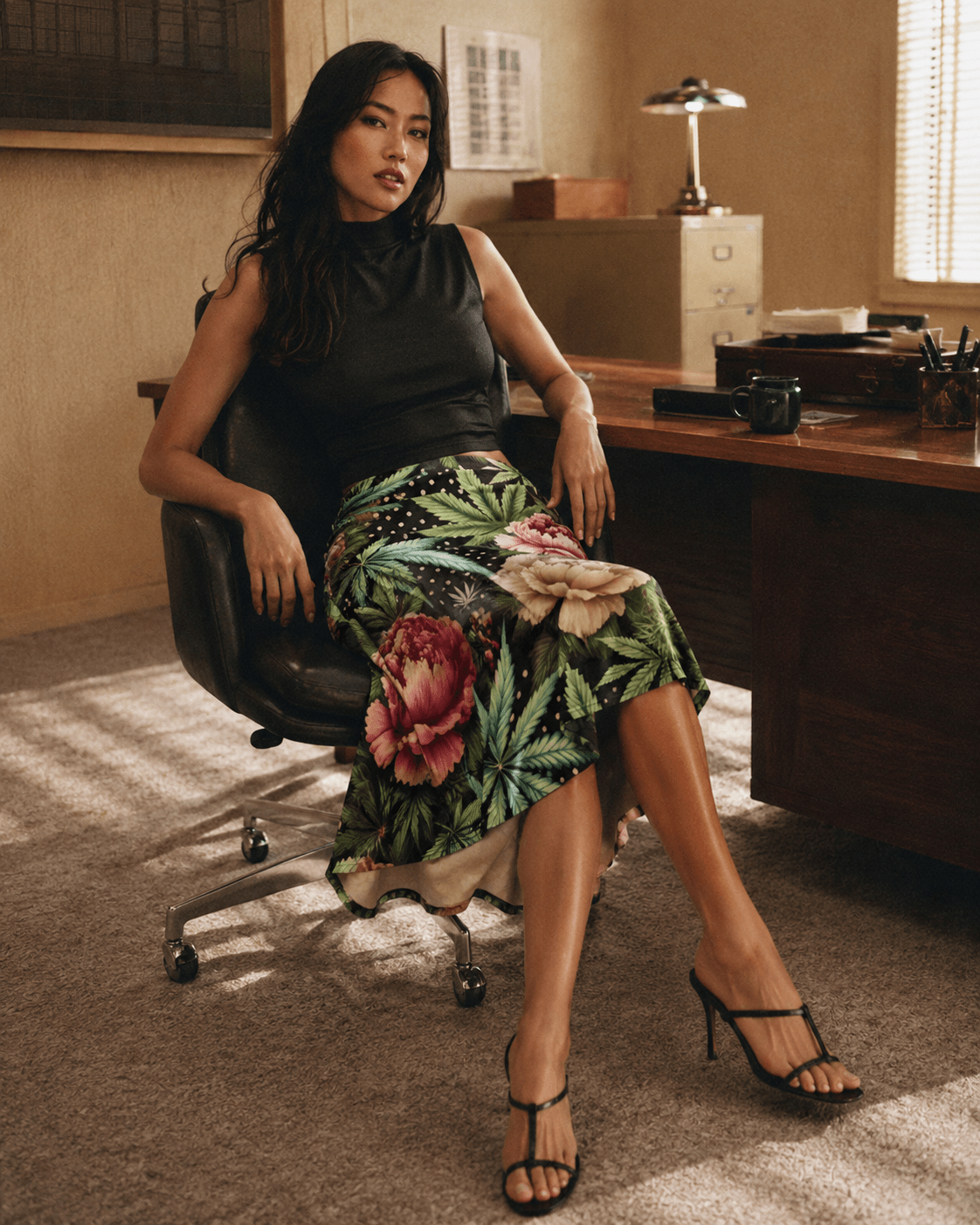 Peony and pot floral print midi skirt, lifestyle editorial shot on model