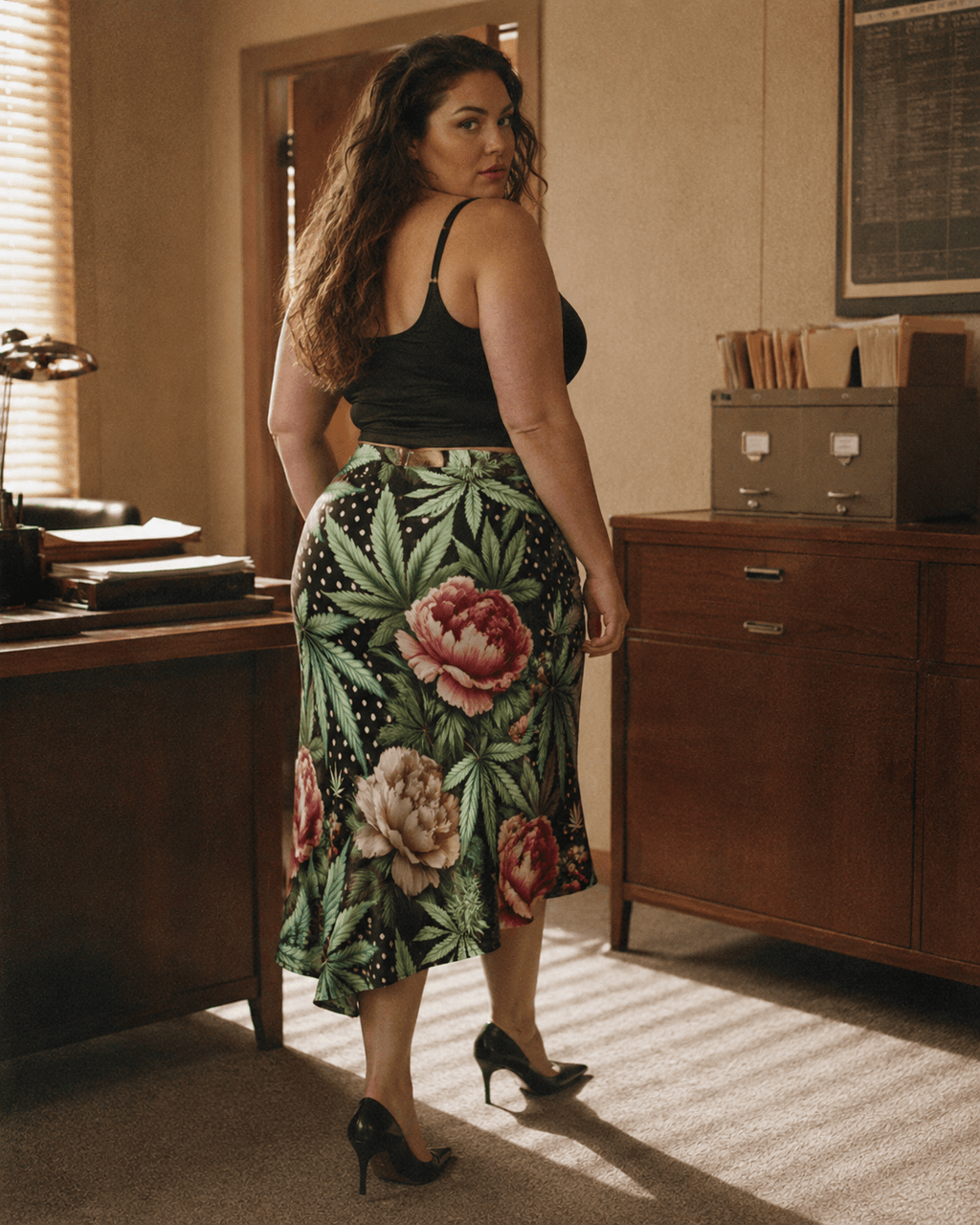 Peony and pot floral print midi skirt, full length view on model outdoors