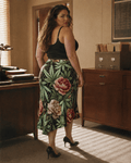 Peony and pot floral print midi skirt, full length view on model outdoors