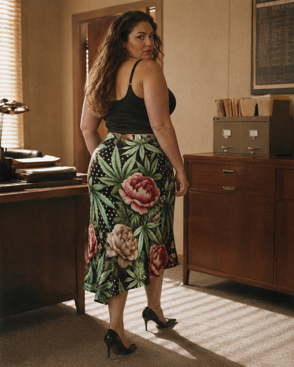 Peony and pot floral print midi skirt, full length view on model outdoors