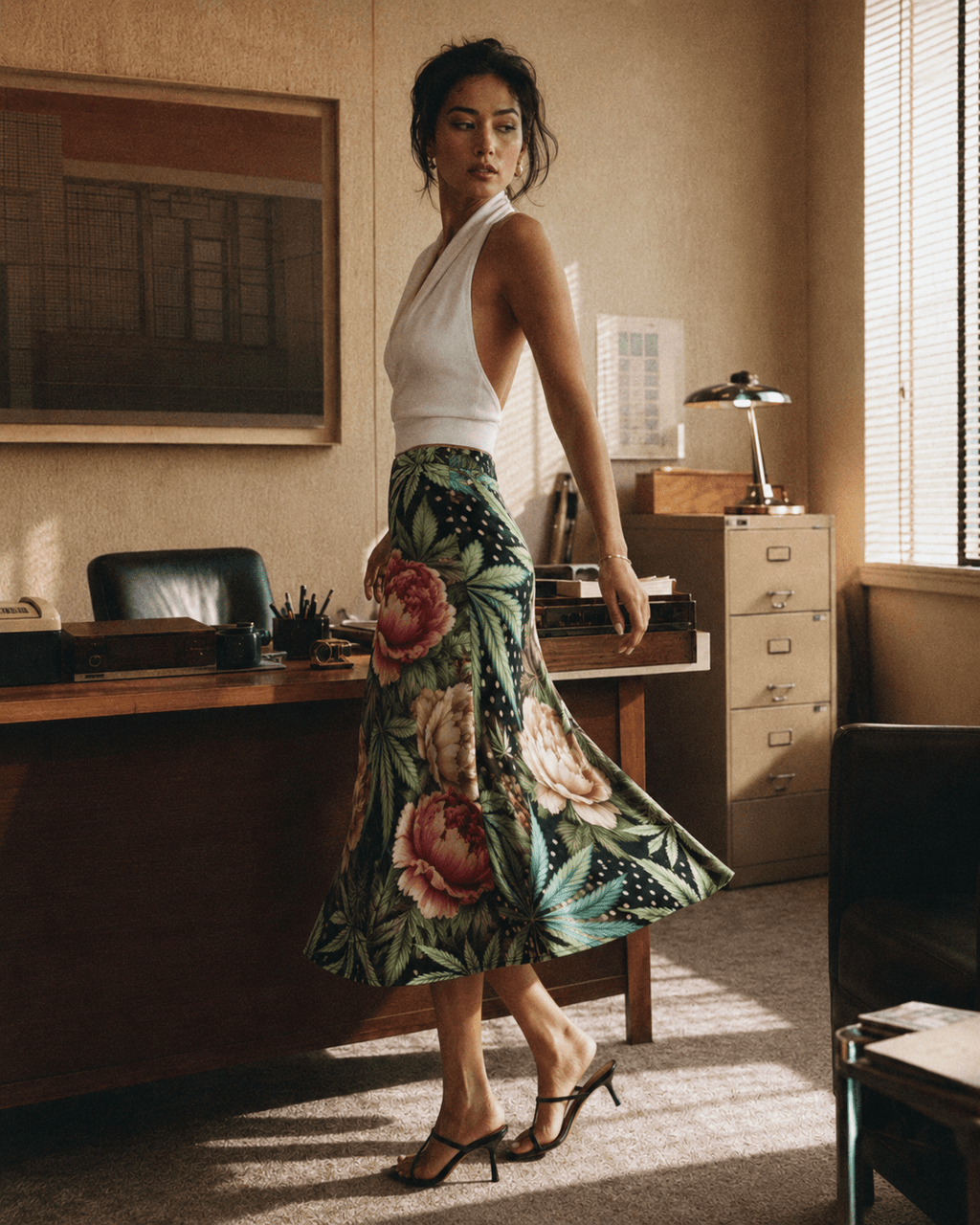 Peony and pot floral print midi skirt, seated lifestyle shot on model