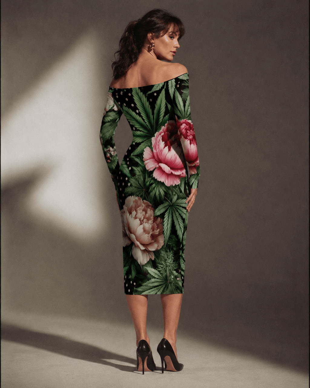 Peony and pot floral print off-the-shoulder long sleeve dress, back view on model