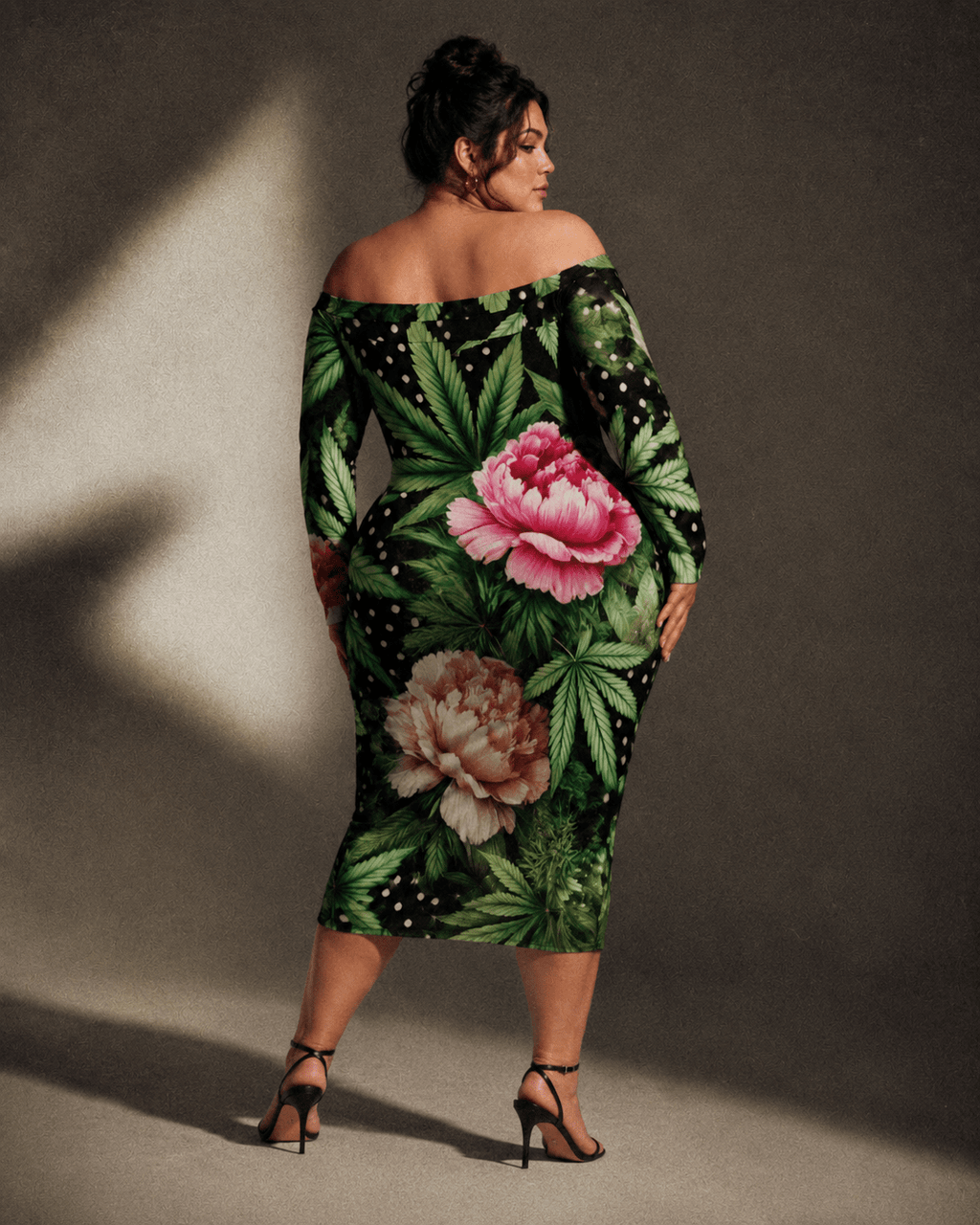 Peony and pot floral print off-the-shoulder dress, three-quarter view on model