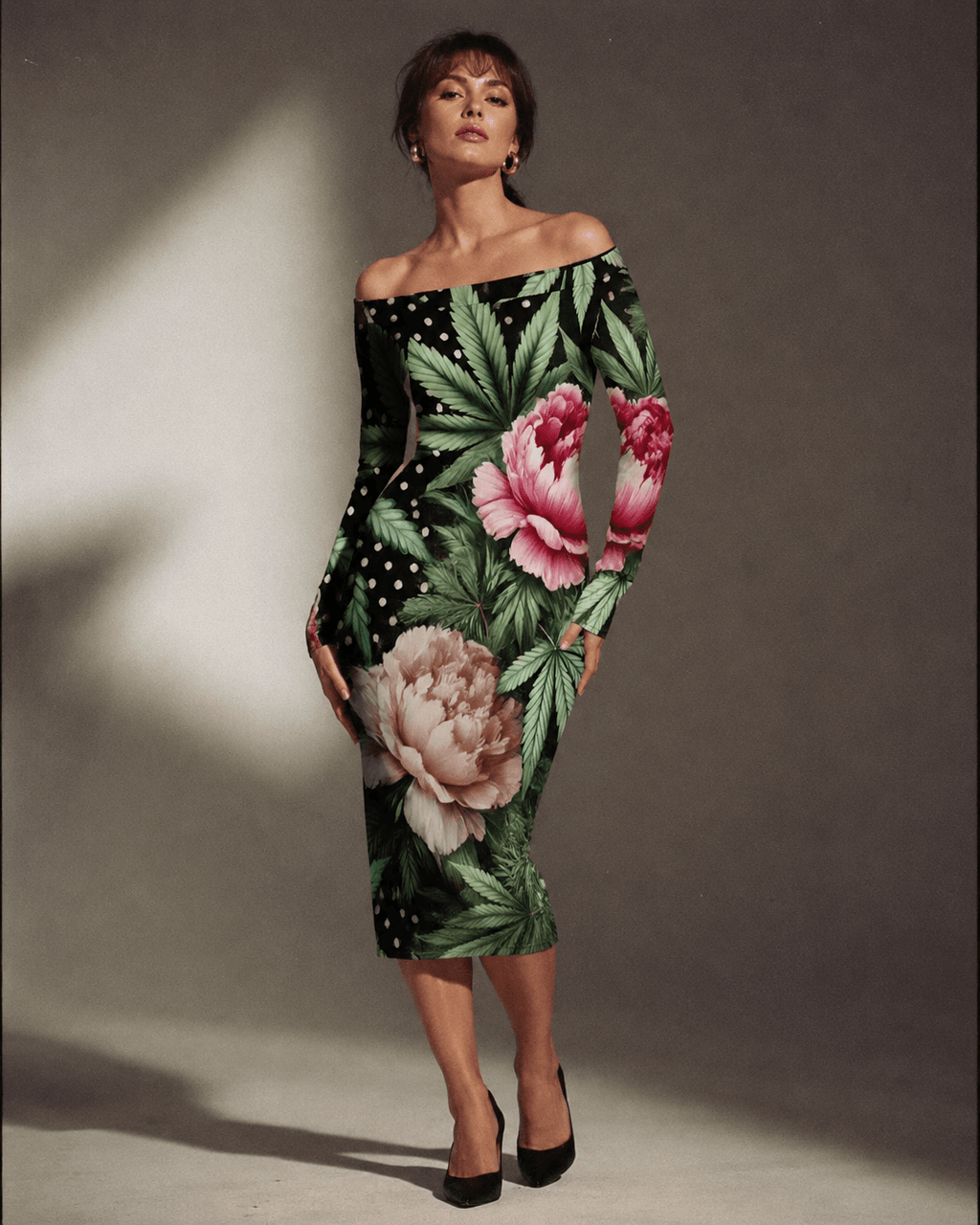 Jane Dope peony and pot floral print off-the-shoulder long sleeve dress, front view on model