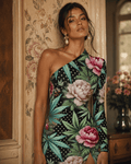 Peony & Pot One-Shoulder Slit Maxi Dress Artsadd