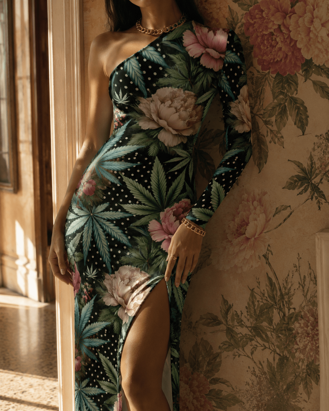 Peony & Pot One-Shoulder Slit Maxi Dress Artsadd