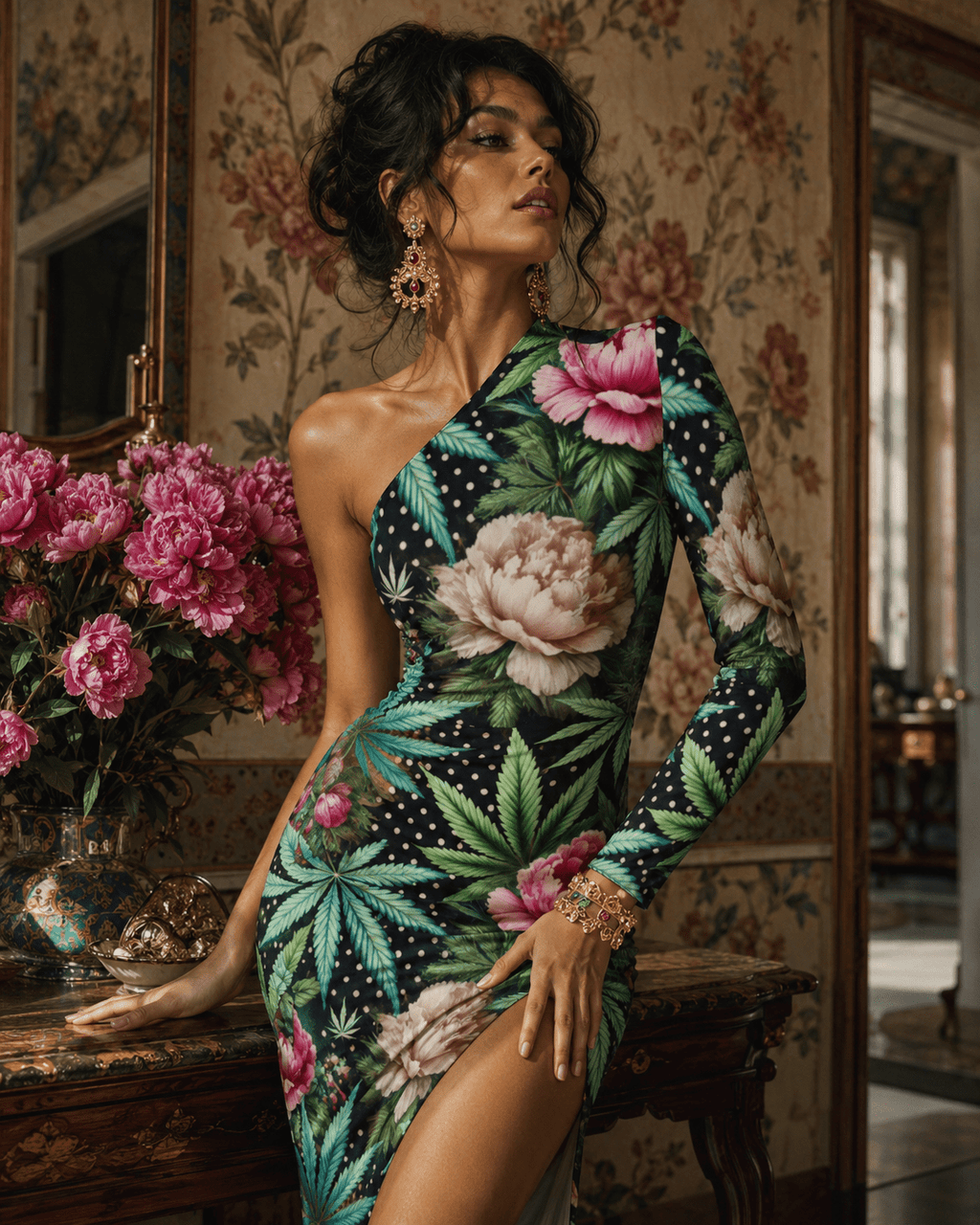 Peony & Pot One-Shoulder Slit Maxi Dress Artsadd