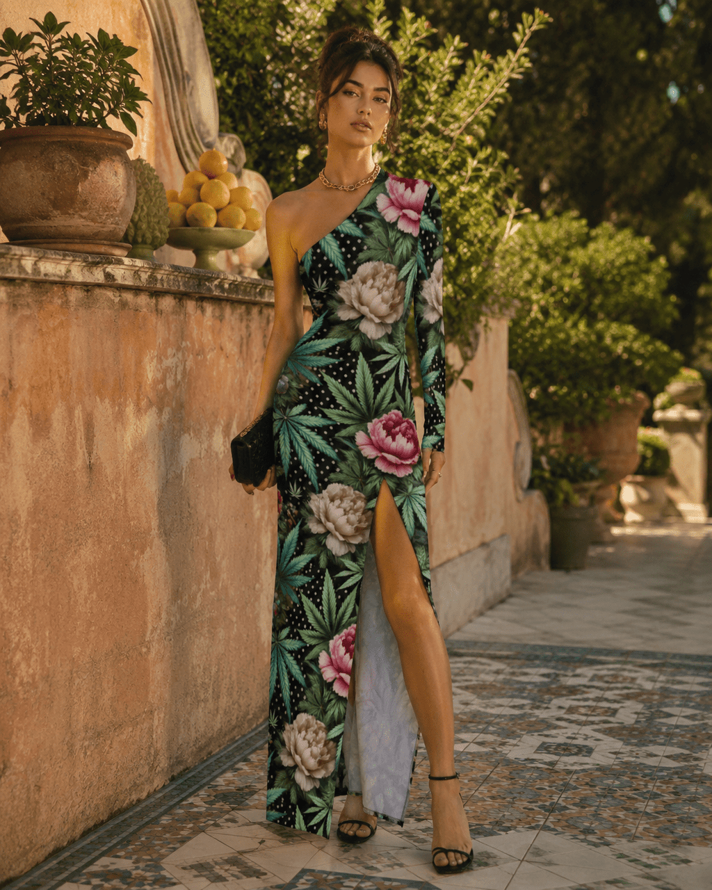 Peony & Pot One-Shoulder Slit Maxi Dress Artsadd