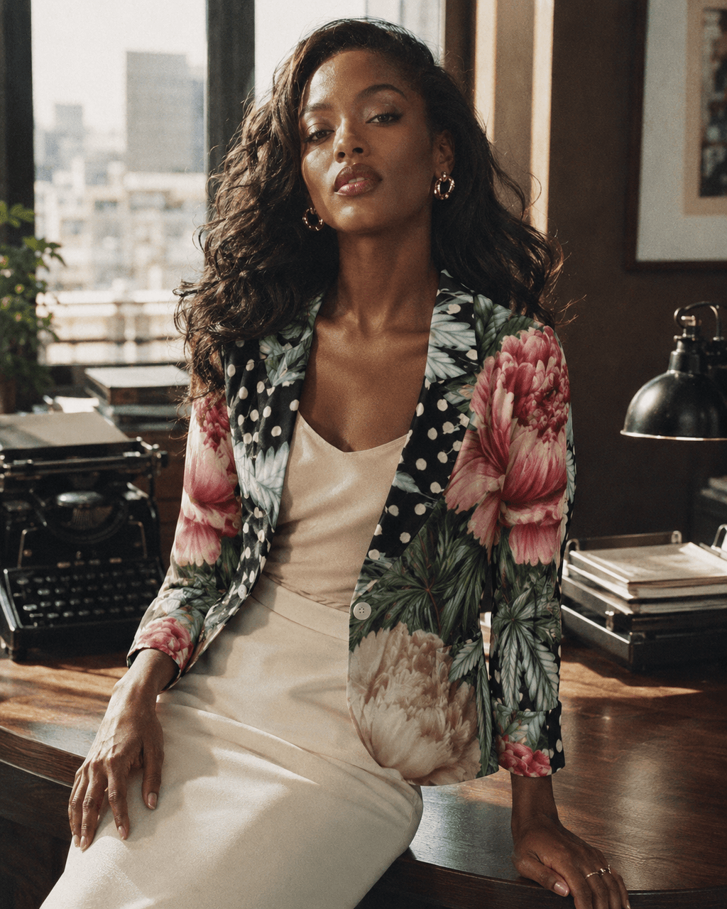 Peony and pot floral print shirt jacket, lifestyle editorial shot on model