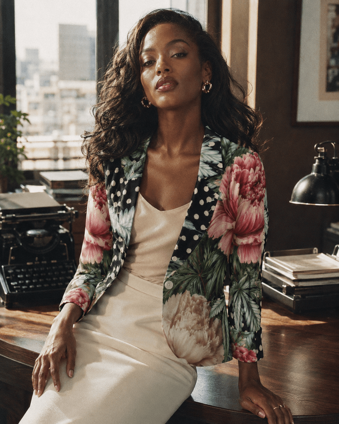 Peony and pot floral print shirt jacket, lifestyle editorial shot on model