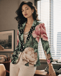 Jane Dope peony and pot floral print oversized shirt jacket, front view on model