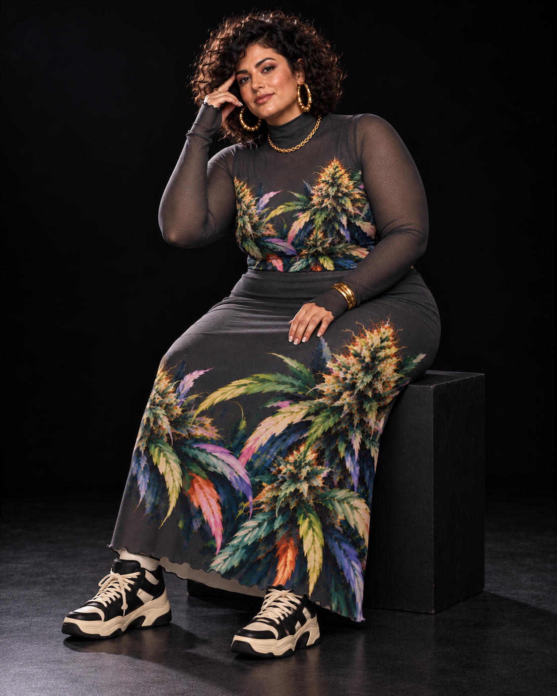 Permanent Marker botanical mesh top and skirt set, seated editorial styling with an ivory underlayer. Styling layers and accessories not included.