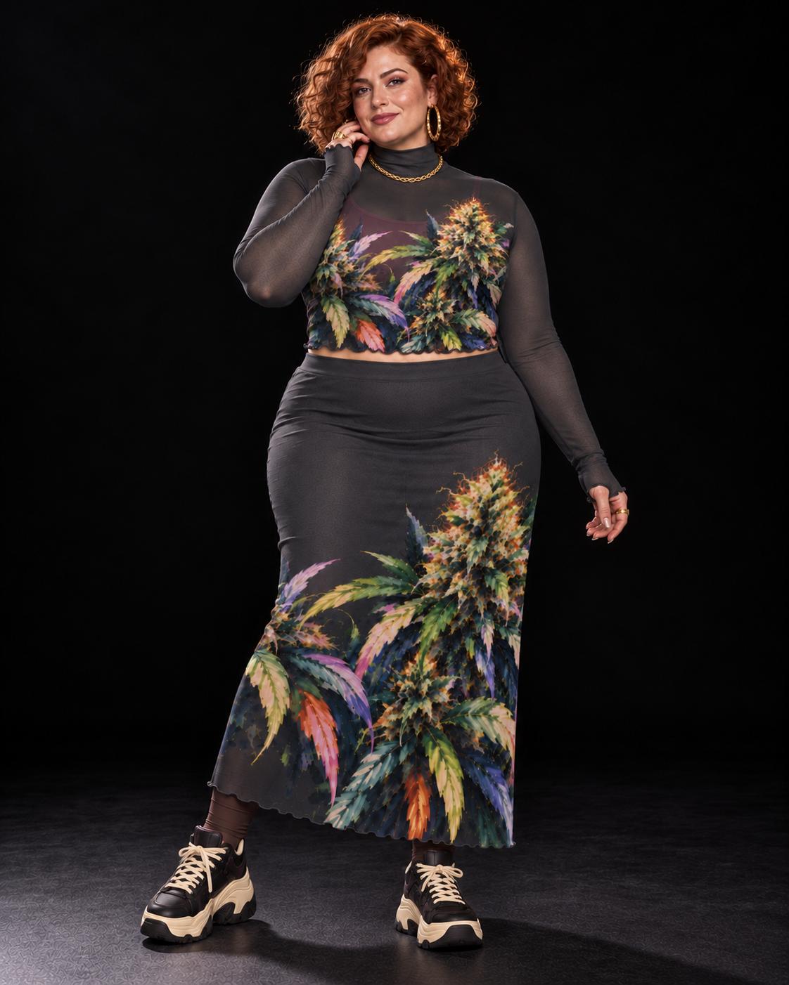Permanent Marker botanical mesh top and skirt set, front pose with rose camisole and chunky black-and-cream trainers. Styling layers and accessories not included.