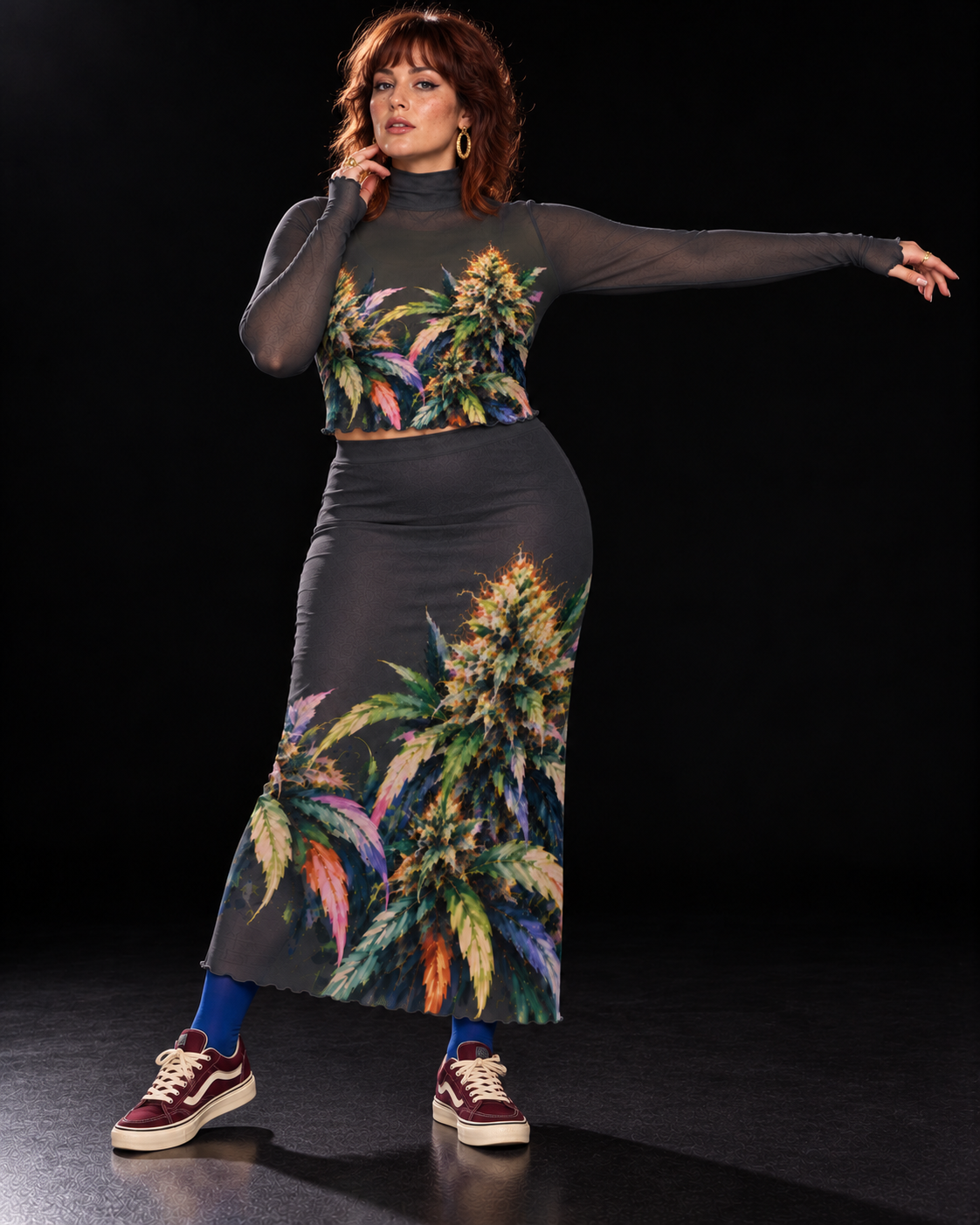 Permanent Marker botanical mesh top and skirt set, front pose with one arm extended and cobalt tights. Styling layers and accessories not included.