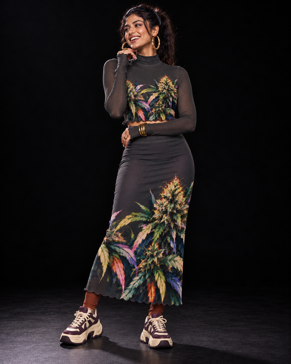 Permanent Marker botanical mesh top and skirt set, three-quarter pose with rust styling layers. Styling layers and accessories not included.