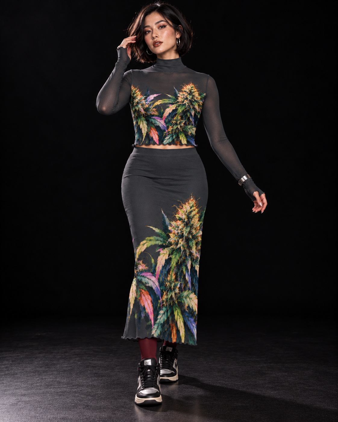 Permanent Marker botanical mesh top and skirt set, front walking pose with silver-accent high-tops. Styling layers and accessories not included.