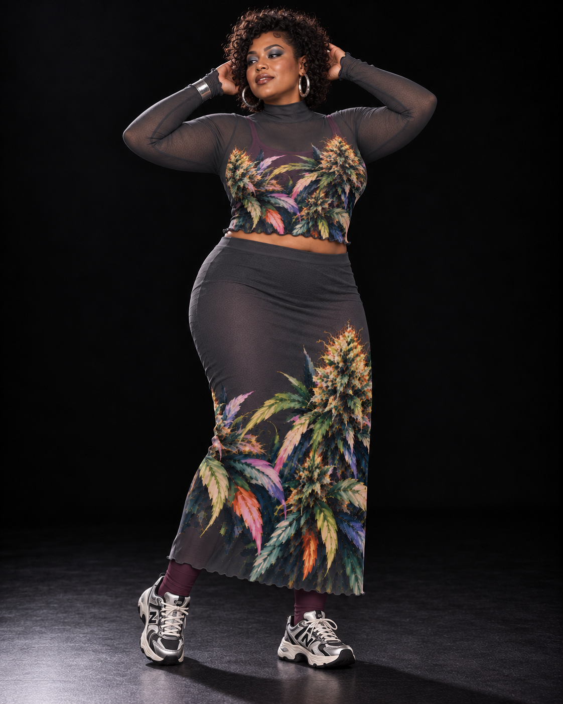 Permanent Marker botanical mesh top and skirt set, arms-raised pose with plum styling layers. Styling layers and accessories not included.