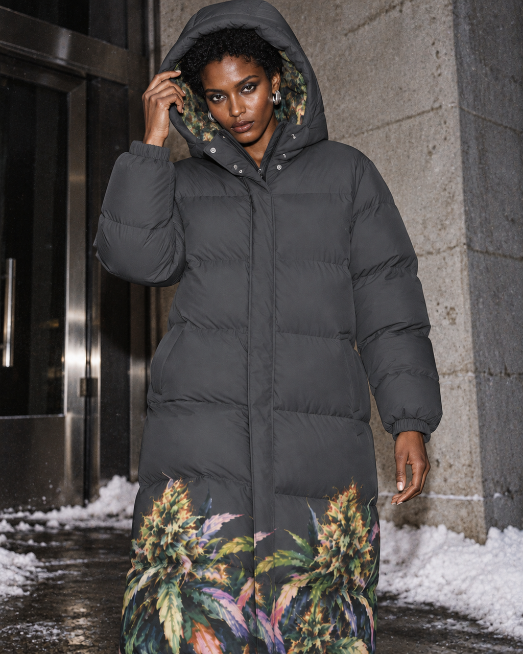 Permanent Marker Primo Puff Long Down Jacket worn with the hood up, showing botanical hood lining and charcoal quilting