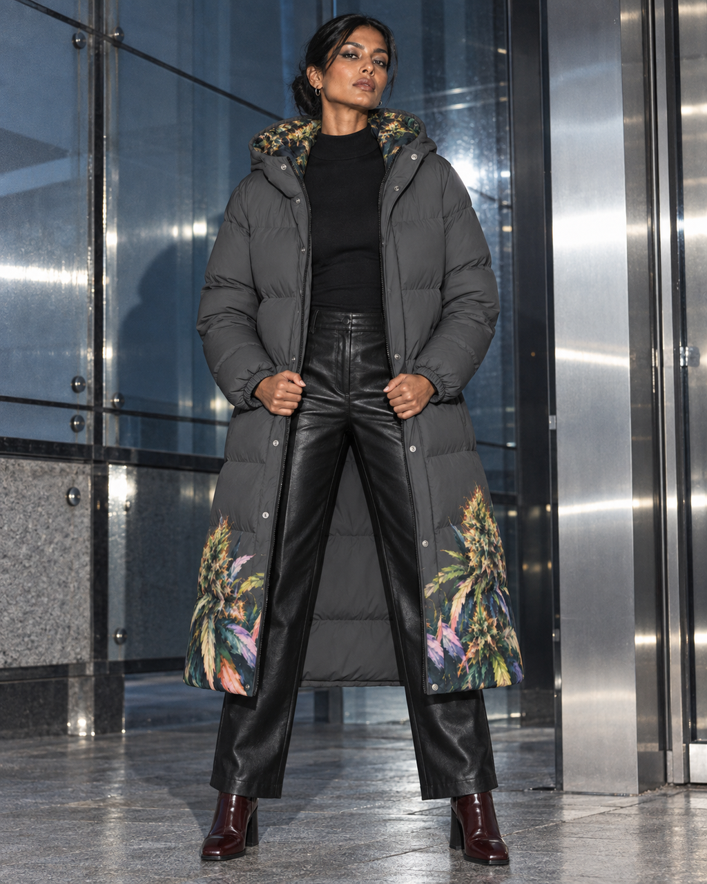 Permanent Marker Primo Puff Long Down Jacket worn open over a black outfit, showing the long silhouette and botanical hem