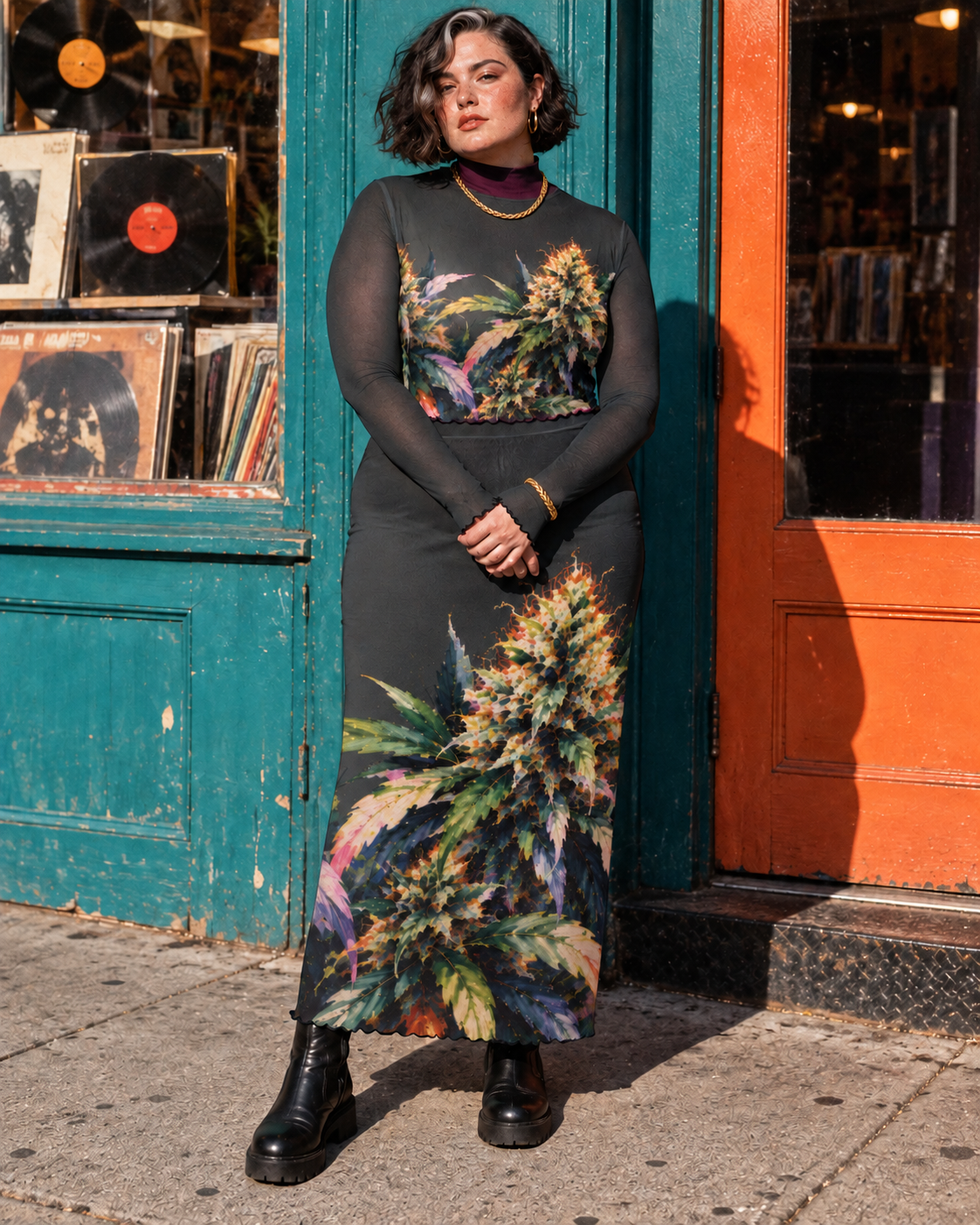 Permanent Marker botanical mesh top and long skirt, 3XL editorial styling at a record-shop doorway; separate underlayers and jewellery.