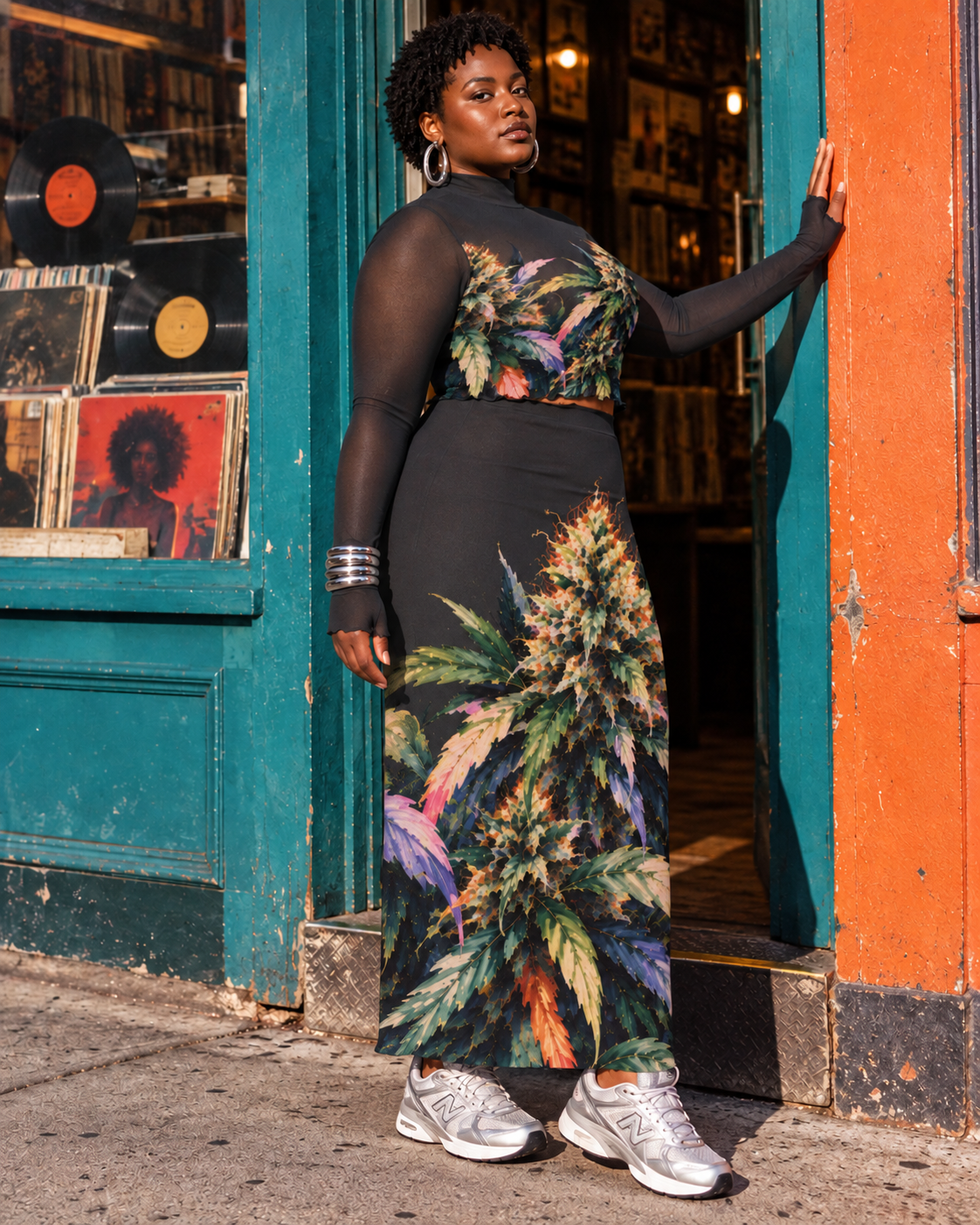 Permanent Marker botanical mesh top and long skirt, 4XL editorial styling at a record-shop doorway; separate underlayers and jewellery.