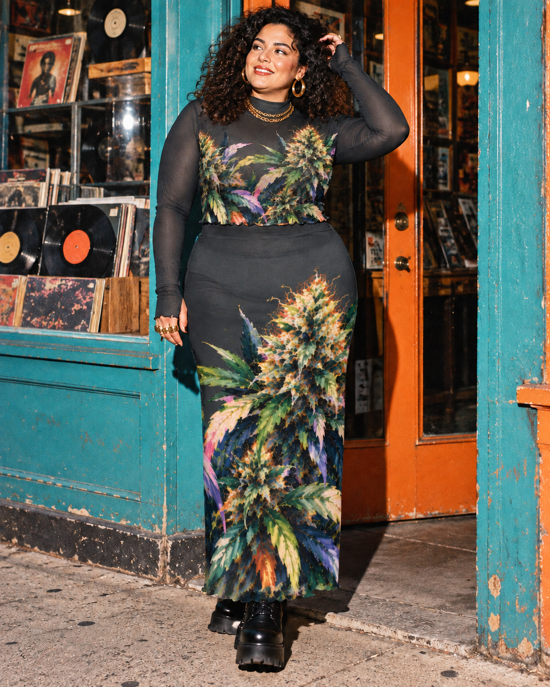 Permanent Marker botanical mesh top and long skirt, 5XL editorial styling at a record-shop doorway; separate underlayers and jewellery.