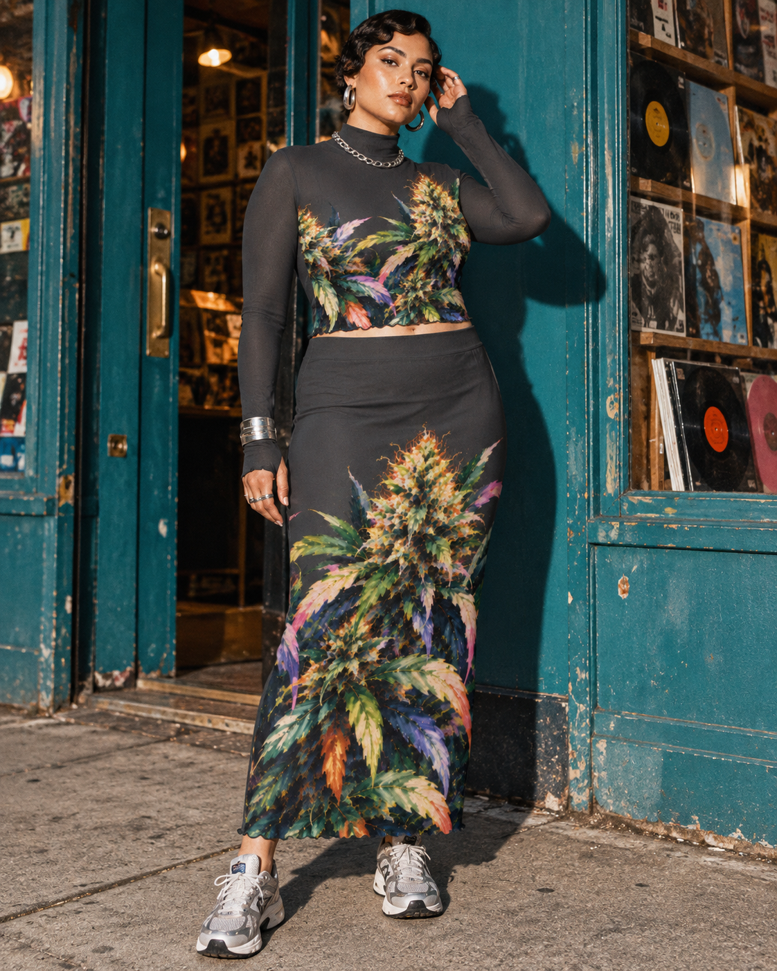 Permanent Marker botanical mesh top and long skirt, L editorial styling at a record-shop doorway; separate underlayers and jewellery.