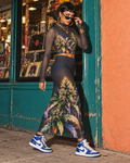 Permanent Marker botanical mesh top and long skirt, S editorial styling at a record-shop doorway; separate underlayers and jewellery.
