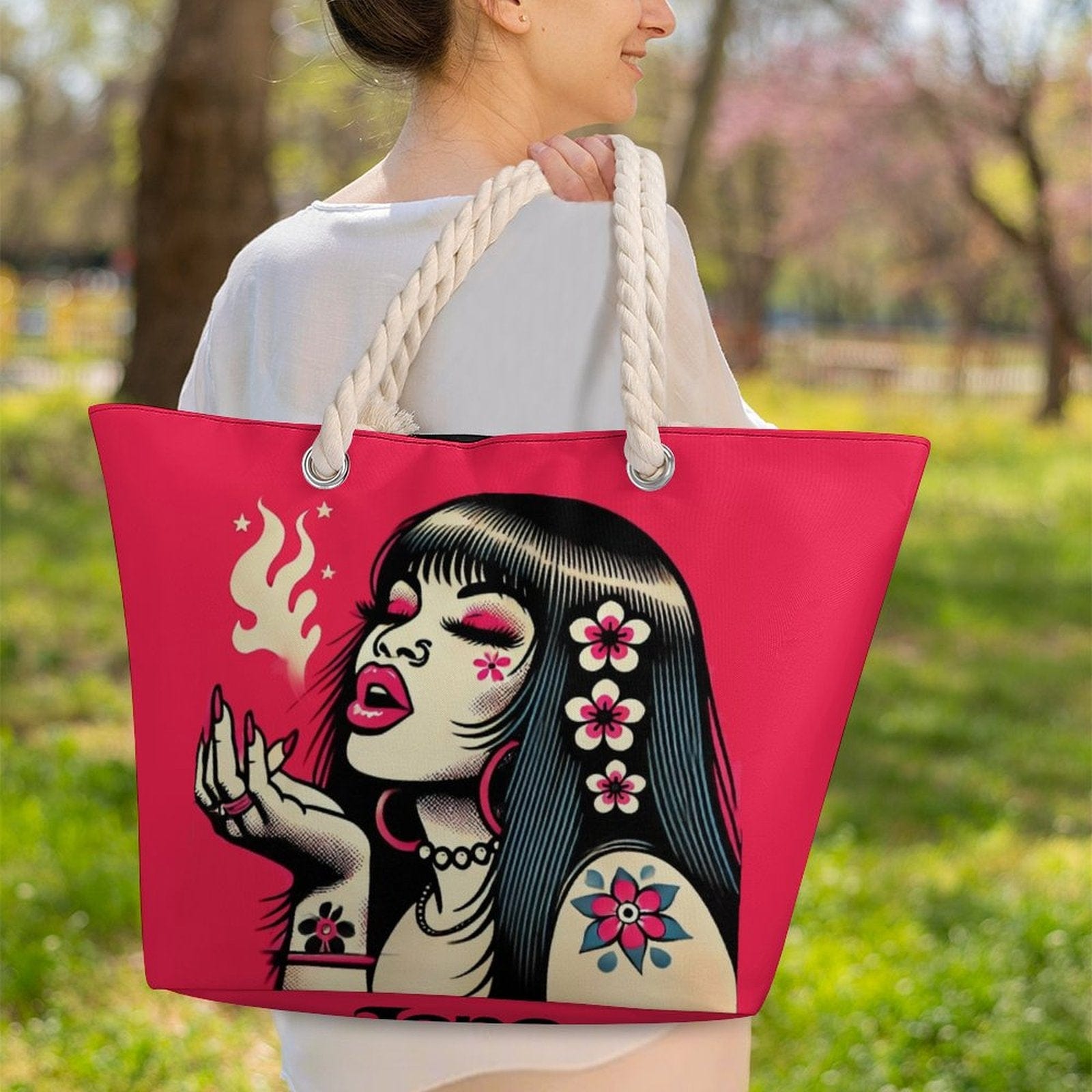 Pink Diesel Hemp rope tote bag Tote Handbags (1642)