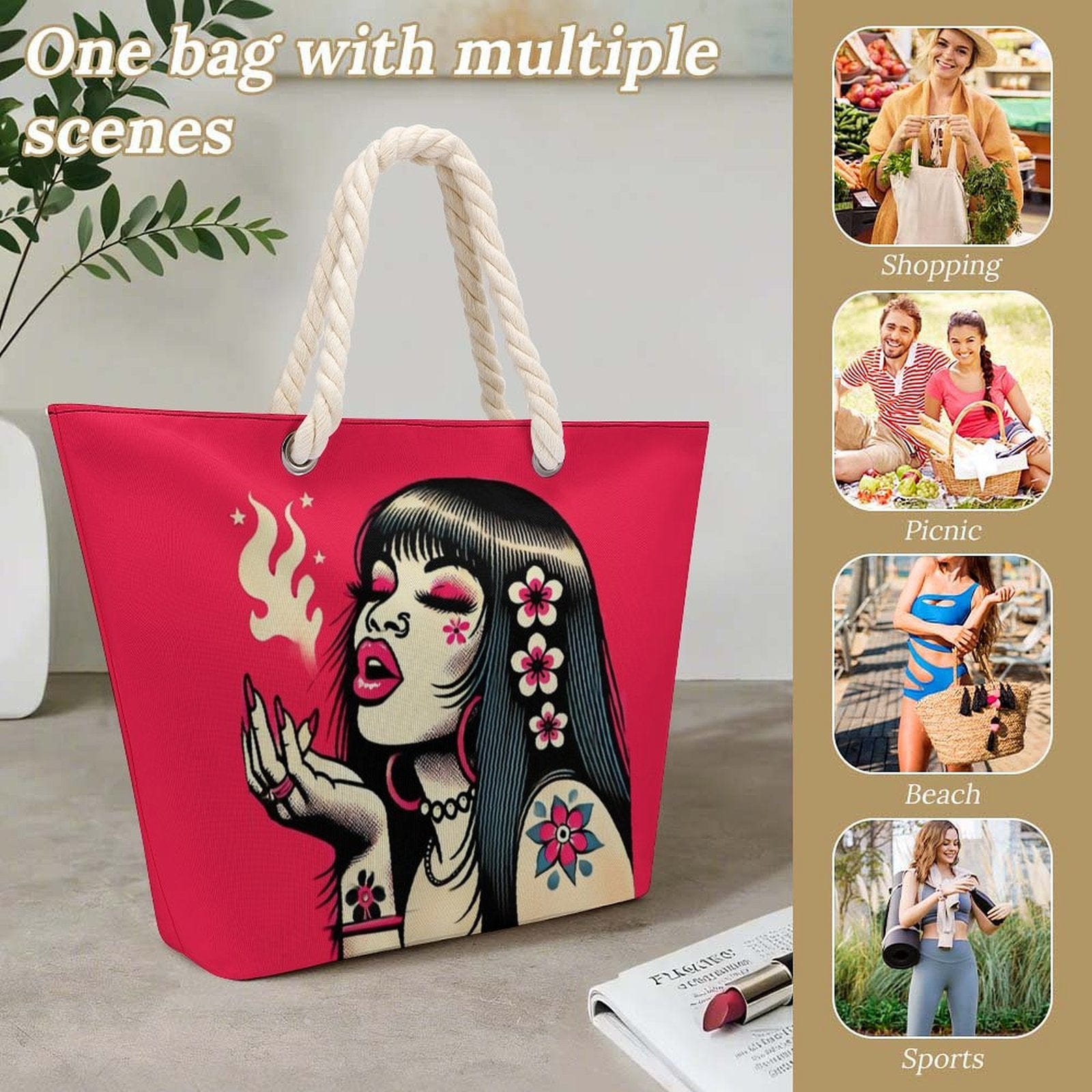 Pink Diesel Hemp rope tote bag Tote Handbags (1642)