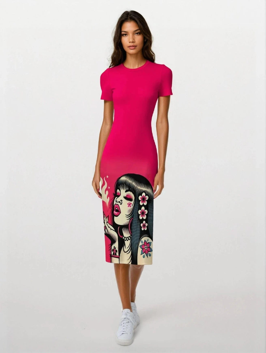 Jane Dope pink diesel floral print fitted midi bodycon dress, front view on model