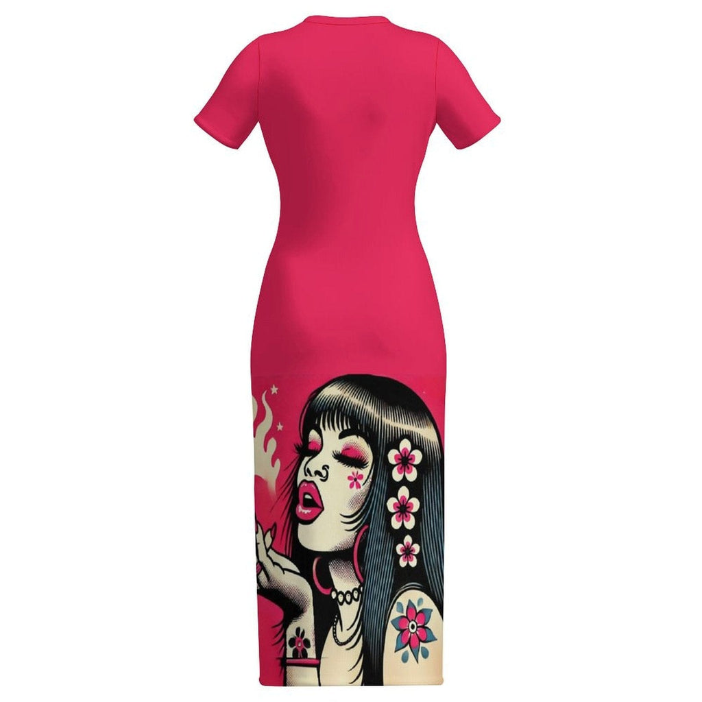 Pink diesel floral print midi bodycon dress, back view