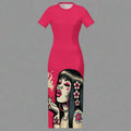 Pink diesel floral print midi bodycon dress in white, side view on model