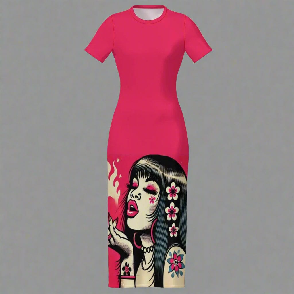 Pink diesel floral print midi bodycon dress in white, side view on model