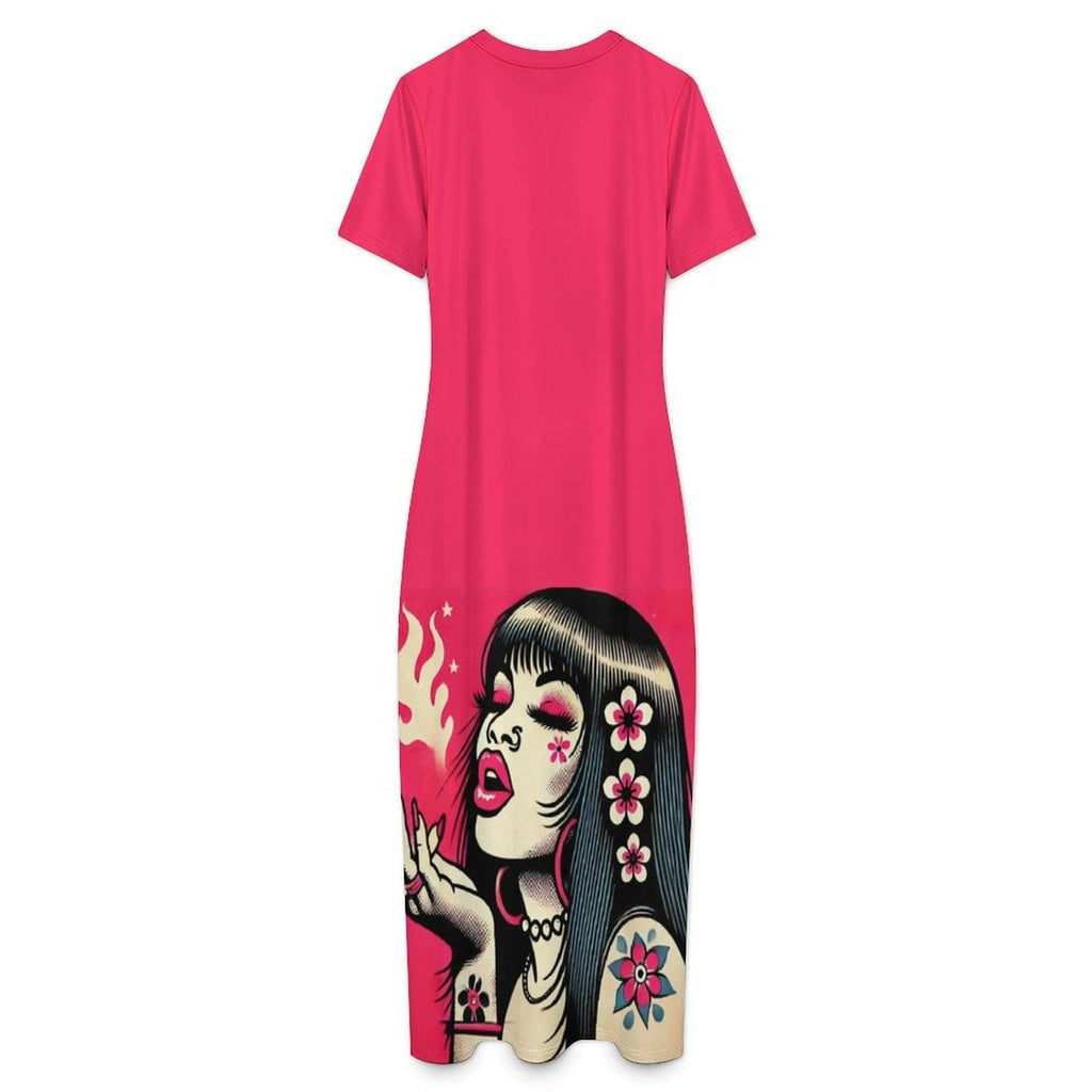 Pink diesel floral print midi bodycon dress, neckline and print detail