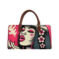 Pink leather-look travel duffel bag, angled product shot