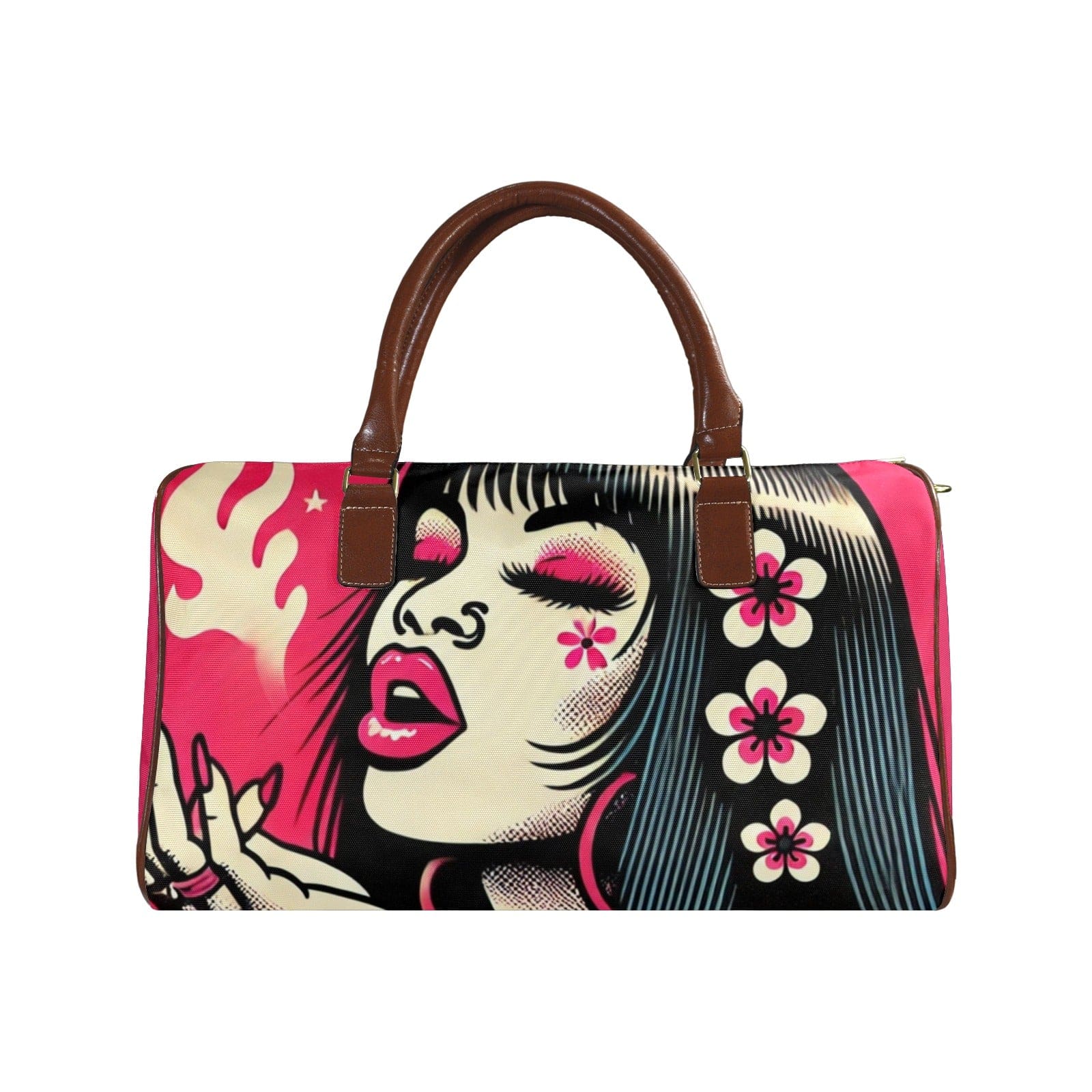 Pink leather-look travel duffel bag, angled product shot