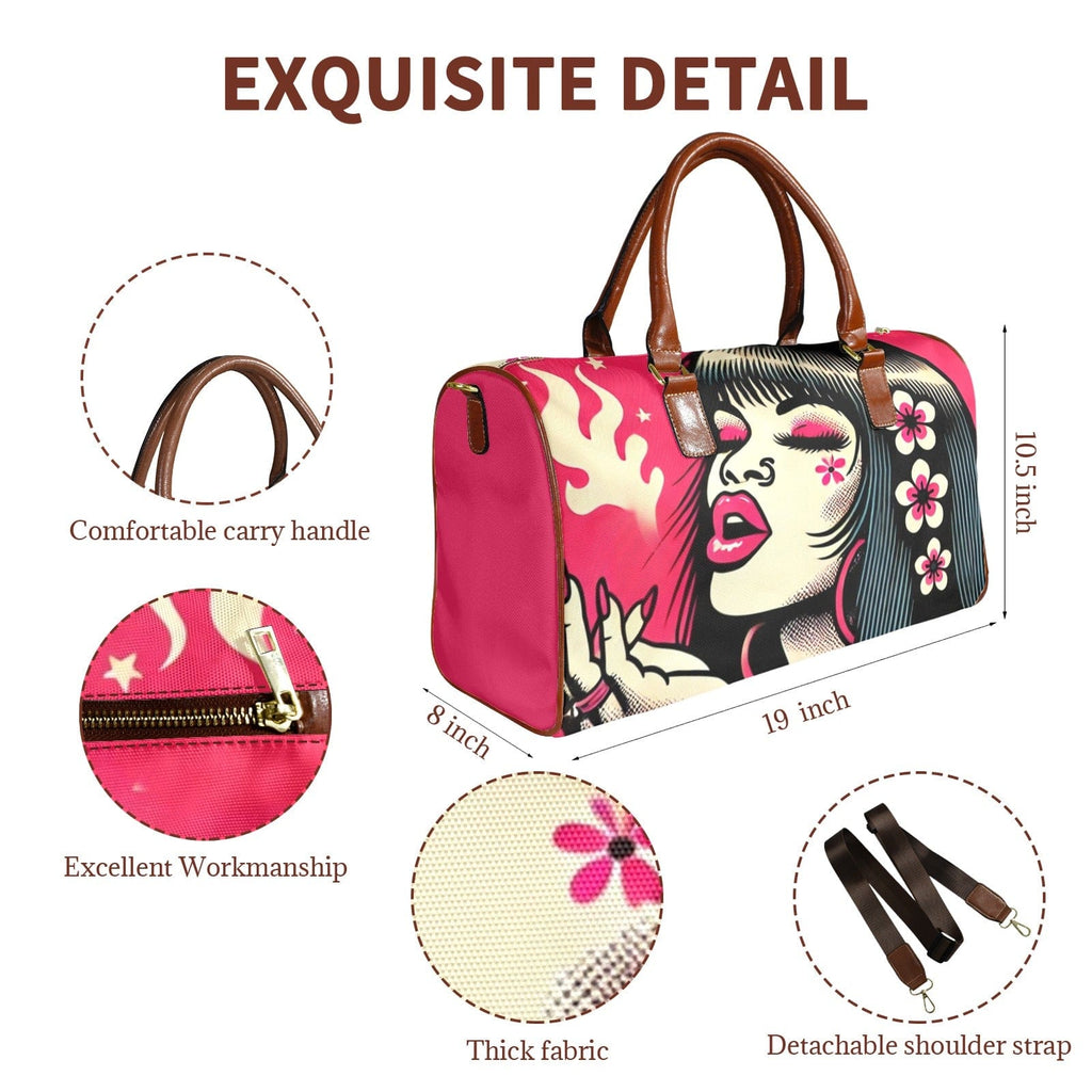 Pink leather-look travel duffel bag, top handle detail close-up